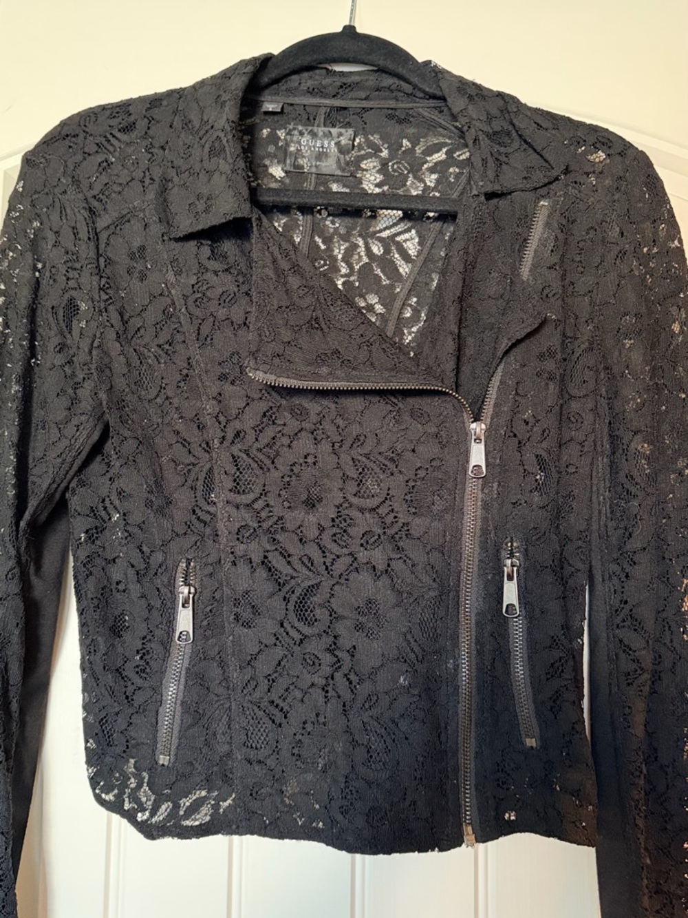 Guess Black Lace Moto Jacket with Asymmetrical Zip